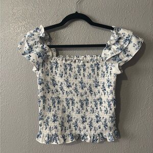 Floral Smocked Blue and White Women's Top